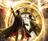 Two people are depicted with dramatic poses against a backdrop of a giant clock engulfed in dynamic energy arcs suggestive of action or time travel