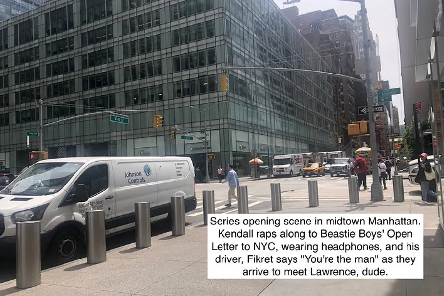 This image displays a city street scene in midtown Manhattan with vehicles and pedestrians, and an overlaid text describing a scene from a TV series where a character named Kendall is rapping to a song while his driver Fikret compliments him as they go to meet someone named Lawrence.