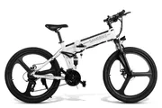 This is an image of a modern white electric bicycle with a full suspension system and black disk wheels, branded under the name 