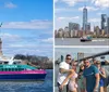 A colorful tourist boat sails near the Statue of Liberty under a blue sky with streaky clouds