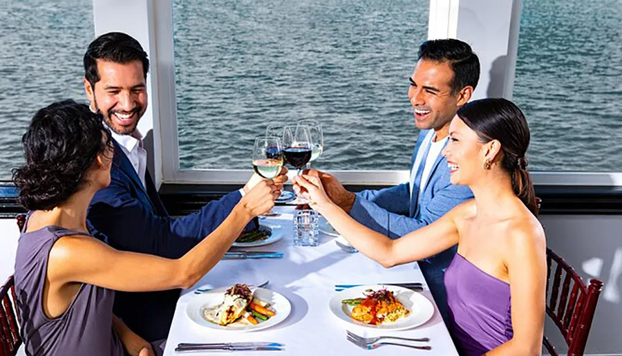 Four people are cheerfully toasting with glasses of wine at a dining table by a window overlooking the water.