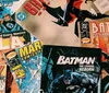 The image is a colorful collection of various comic books including titles from Marvel and DC featuring popular superheroes like Batman and the Fantastic Four