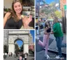 The image is a collage of three different photos displaying a happy woman holding a bagel a couple dancing on a city street and a group of people in front of a large arch monument with watermark MADE WITH PICJOINTER at the bottom right
