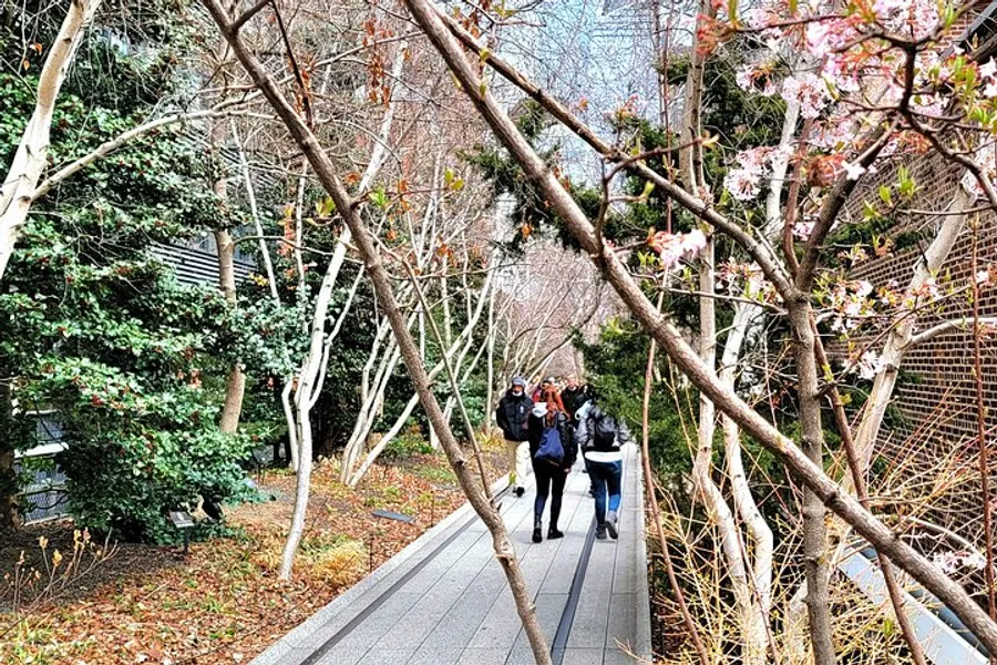 People are walking along a landscaped urban pathway lined with trees and shrubs, with some early blossoms visible, suggesting an early spring ambiance.