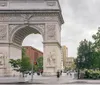 The image features the iconic Washington Square Arch in New York City with people crossing the street and walking around the park at twilight