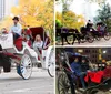 A horse-drawn carriage with passengers is on a city street likely a touristic activity with historic buildings in the background