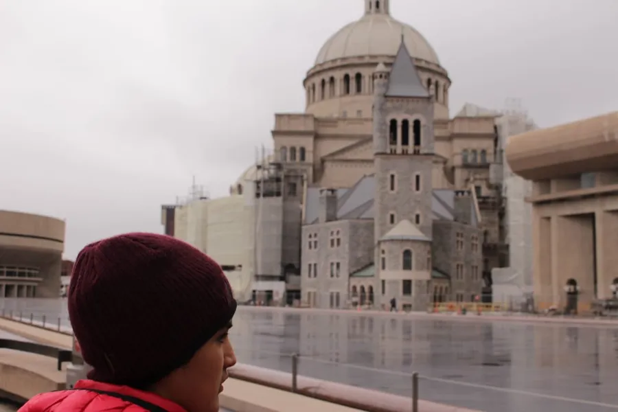 A person in a red jacket and maroon beanie is looking towards a large, domed building that appears to be under renovation, with a reflective surface in the foreground.
