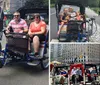 Three people are enjoying a ride through an urban street in pedal-powered rickshaws