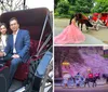 Two people are sitting cozily in a horse-drawn carriage enjoying a bottle of champagne
