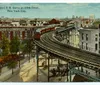This is a vintage postcard image of an elevated railroad curving at 110th Street in New York City