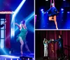 Two performers in sparkly cabaret-style costumes strike poses on a stage bathed in blue and white spotlight beams