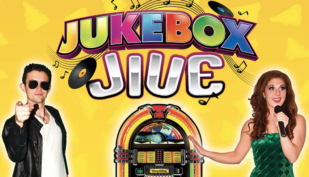 This is a vibrant promotional image for Jukebox Jive featuring a man in sunglasses pointing at the viewer and a woman holding a microphone with a colorful jukebox in the background