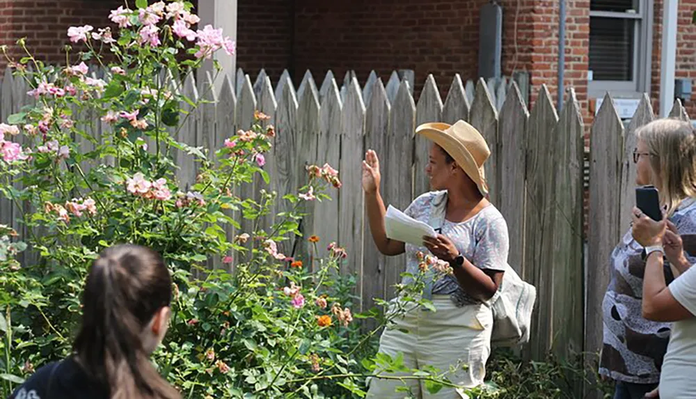 A person wearing a straw hat is holding a paper and gesturing towards a flowering shrub as others look on possibly during a garden tour or educational event