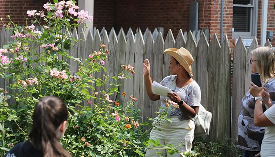 A person wearing a straw hat is holding a paper and gesturing towards a flowering shrub as others look on, possibly during a garden tour or educational event.