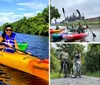 Two individuals are kayaking on a sunny day with a backdrop of lush greenery and an industrial structure