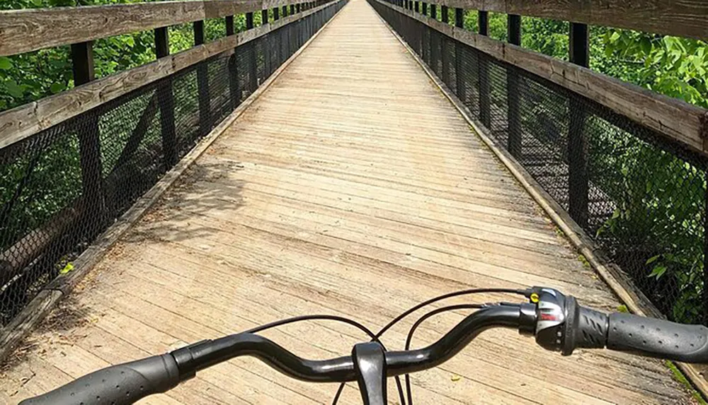 The image shows a first-person perspective of a cyclist about to cross a wooden bridge surrounded by greenery
