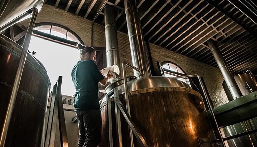 A person is monitoring or adjusting equipment at a brewery with large stainless steel fermenting tanks