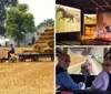 A person wearing a hat is riding a horse-drawn wagon loaded with hay bales through a field in front of a farmhouse