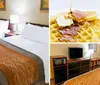 The image shows a neatly arranged hotel room with two queen-sized beds featuring white linens and brown decorative runners