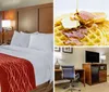 The image shows a neatly made hotel room with a large bed red and white bedding a side table wall-mounted lights and an armchair creating a cozy and welcoming atmosphere