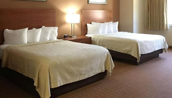 The image shows a neatly arranged hotel room with two queen-sized beds each made up with clean white bed linen and multiple pillows and a warm-toned cozy ambiance