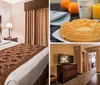 This is an image of a neatly arranged hotel room with a king-sized bed flanked by two nightstands and lamps featuring a decorative brown bedspread and a curtained window