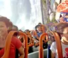 Thrilled riders express joy and excitement on a roller coaster as they descend a steep track under a sunny sky