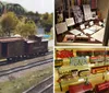 This image displays a detailed model train set featuring a Pennsylvania railroad caboose and freight cars set in a scenic miniature landscape with trees and a bridge in the background