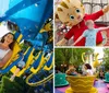 A group of people are joyfully riding a colorful roller coaster with their faces expressing excitement