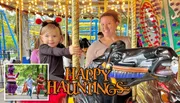 A child in a ladybug costume and a woman are smiling on a carousel with the words