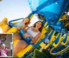 A group of people are joyfully riding a colorful roller coaster with their faces expressing excitement