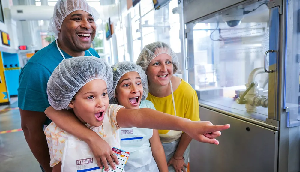 A family wearing hairnets is excitedly watching a machine at what appears to be a food processing tour with the children pointing at something of interest