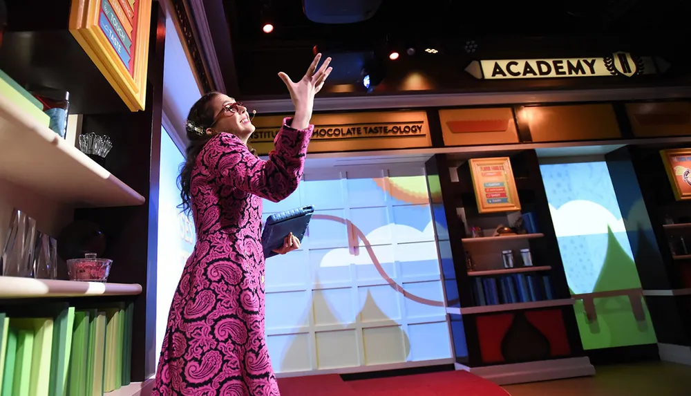 A person is gesturing enthusiastically in an interactive exhibit space titled Chocolate Taste-ology at an academy