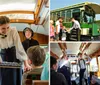 A cheerful woman in historical attire is engaging with passengers likely performing or narrating in a vintage train carriage