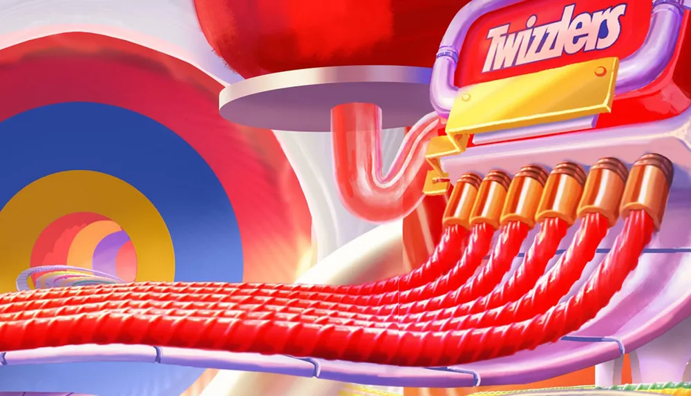 The image shows a whimsical factory-like illustration where Twizzlers candy is depicted as being produced on a vibrant colorful assembly line