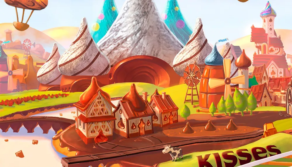 The image depicts a whimsical and colorful chocolate-themed fantasy village with elements resembling candy and confections including houses with tops resembling wrapped Hersheys Kisses