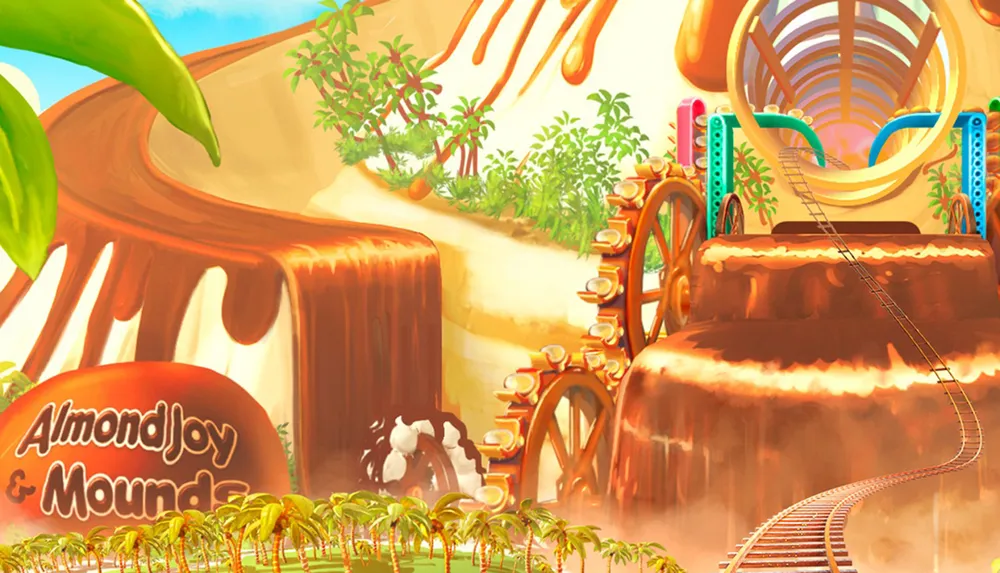 The image depicts a colorful fantasy landscape stylized to resemble a candy-themed amusement park with prominent branding for Almond Joy and Mounds