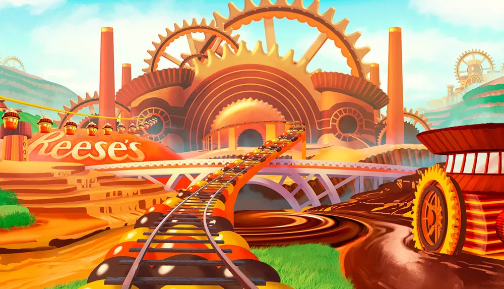 The image depicts a colorful whimsical roller coaster ride through a fantastical factory-like landscape themed around a popular candy complete with vibrant chocolate rivers and candy-inspired machinery