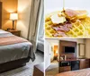 The image shows a neatly arranged hotel room with two twin beds each with white linens and a brown decorative overlay at the foot accompanied by a nightstand and lamp in between