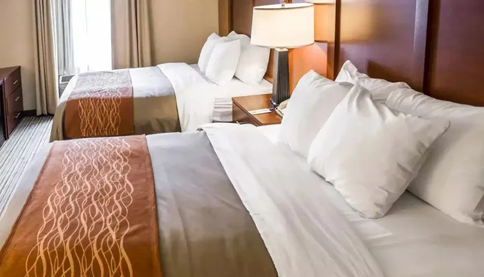 The image shows a neatly arranged hotel room with two twin beds each with white linens and a brown decorative overlay at the foot accompanied by a nightstand and lamp in between