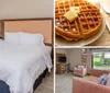 The image shows a neatly made bed in a well-lit and tidy hotel room with modern decor and a view of the outside through a large window