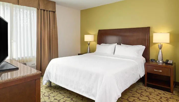 The image shows a neatly arranged hotel room with a large bed bedside lamps a television and a window with curtains