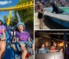 Thrill-seekers experience a sharp turn on a roller coaster with expressions of excitement and enjoyment