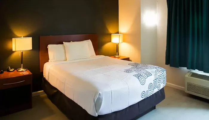 The image shows a neatly arranged hotel room with a queen-sized bed two bedside lamps and a patterned bed runner at the foot of the bed