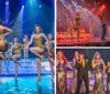 A group of dancers in shimmering costumes performs energetically on a brightly lit stage
