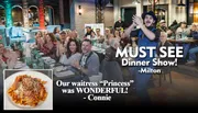 A group of people dressed in 1920s-style attire are enjoying a dinner show, with text praising the performance and service, and an inset image of pasta.