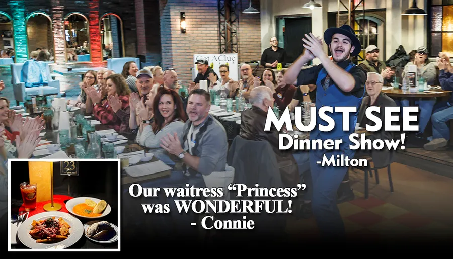 A group of people dressed in 1920s-style attire are enjoying a dinner show, with text praising the performance and service, and an inset image of pasta.