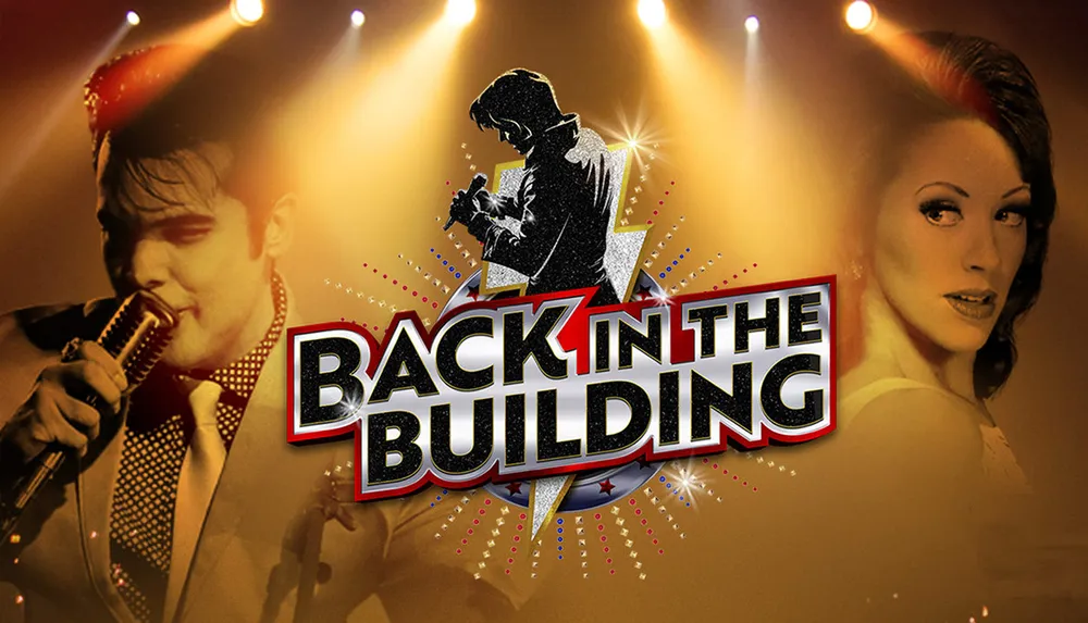 This image is a promotional graphic featuring silhouettes and images of a male and a female performer with spotlights and the title BACK IN THE BUILDING in bold lettering suggesting a musical or entertainment event