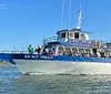 The image shows a large boat named New Inlet Princess from the Crazy Sister Marina filled with passengers cruising on the water with a promise of guaranteed dolphin sightings advertised in bold lettering above
