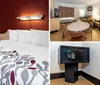 The image shows a neatly arranged hotel room with two double beds a work desk with a chair and a warm color scheme